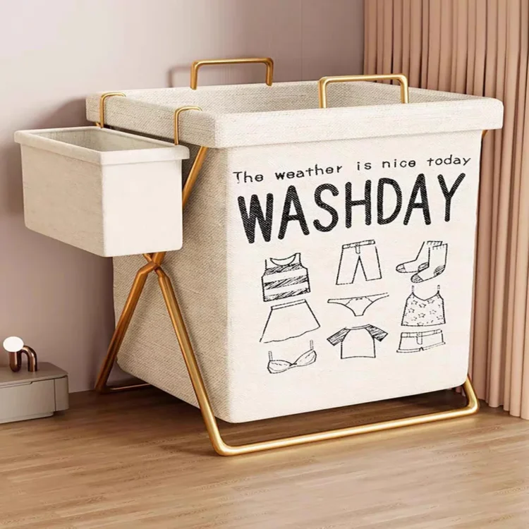 Foldable Travel Waterproof Storage Bag Set Iron Frame Cotton Linen Canvas Laundry Baskets for Dirty Clothes